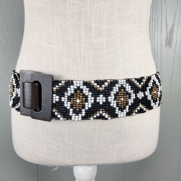 Accessories - Vintage Beaded Belt Black Navajo Style Boho Hippie WIDE Western Stretchy